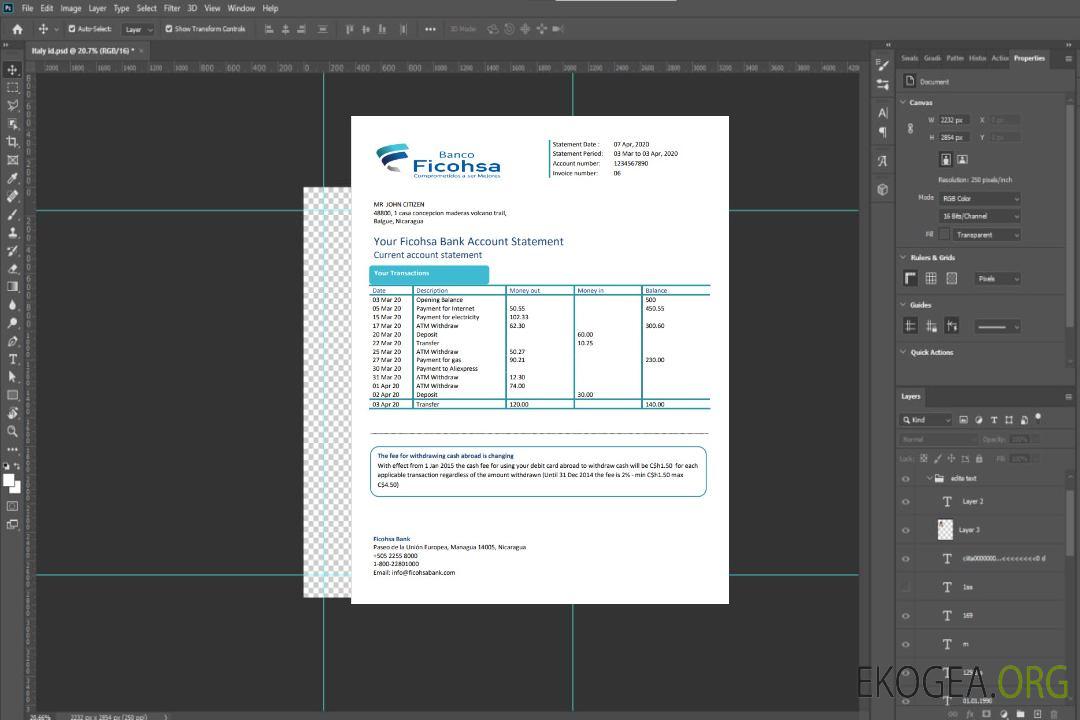 Relevé bancaire de la Banco Ficohsa du Nicaragua template Relevé bancaire de la Banco Ficohsa du Nicaragua template